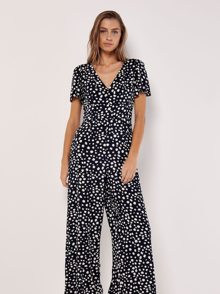Apricot Blue Painterly Dot V-Neck Sleeve Jumpsuit - Image 1 of 4