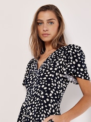 Apricot Blue Painterly Dot V-Neck Sleeve Jumpsuit - Image 3 of 4