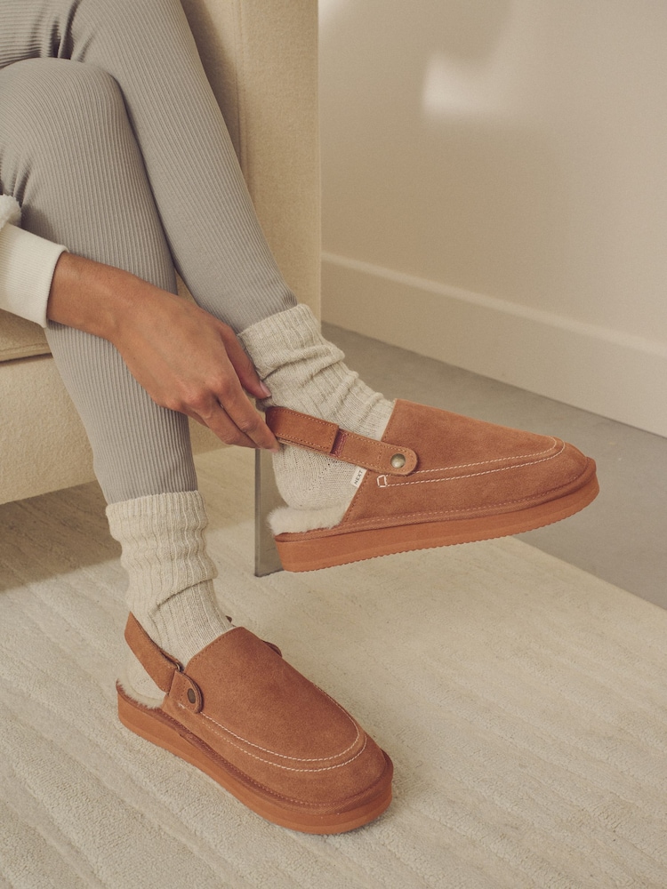 Tan Brown Suede Strap Mules Slippers - Image 1 of 10