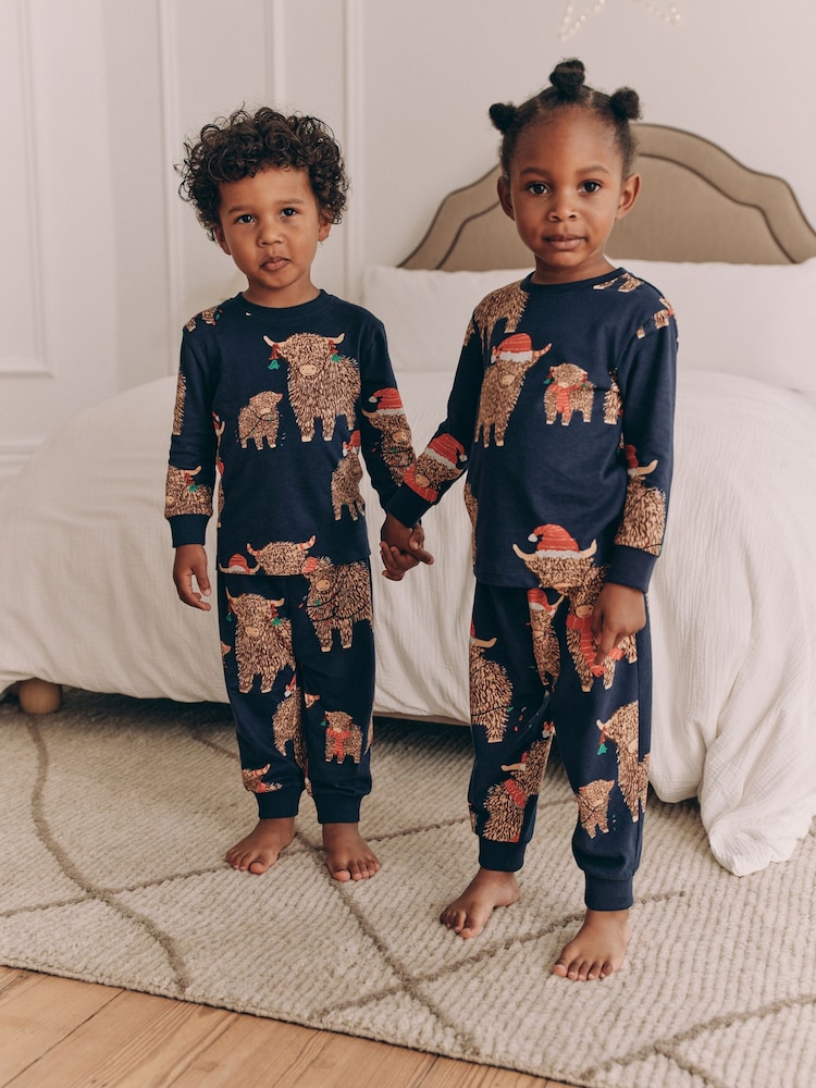 Navy Blue Matching Family Kids Christmas Hamish The Highland Cow 100% Cotton Pyjamas (12mths-8yrs) - Image 1 of 15