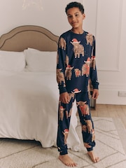 Navy Blue Matching Family Kids Christmas Hamish The Highland Cow 100% Cotton Pyjamas (12mths-8yrs) - Image 2 of 15