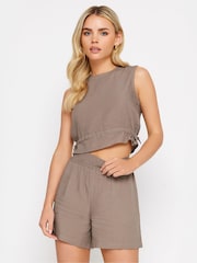 PixieGirl Petite Brown Mocha Brown Linen Tie Hem Crop Top - Image 1 of 5