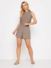 PixieGirl Petite Brown Mocha Brown Linen Tie Hem Crop Top - Image 2 of 5