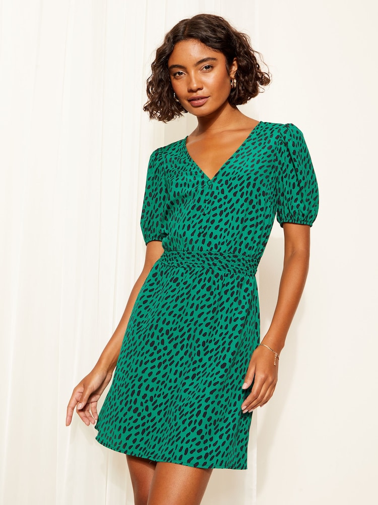 Friends Like These Green Puff Sleeve Shirred Waist Mini Dress - Image 1 of 4