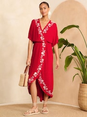 Love & Roses Red Embroidery Split Hem Longline Coverup Kaftan - Image 1 of 4