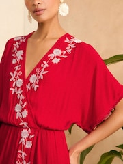 Love & Roses Red Embroidery Split Hem Longline Coverup Kaftan - Image 2 of 4