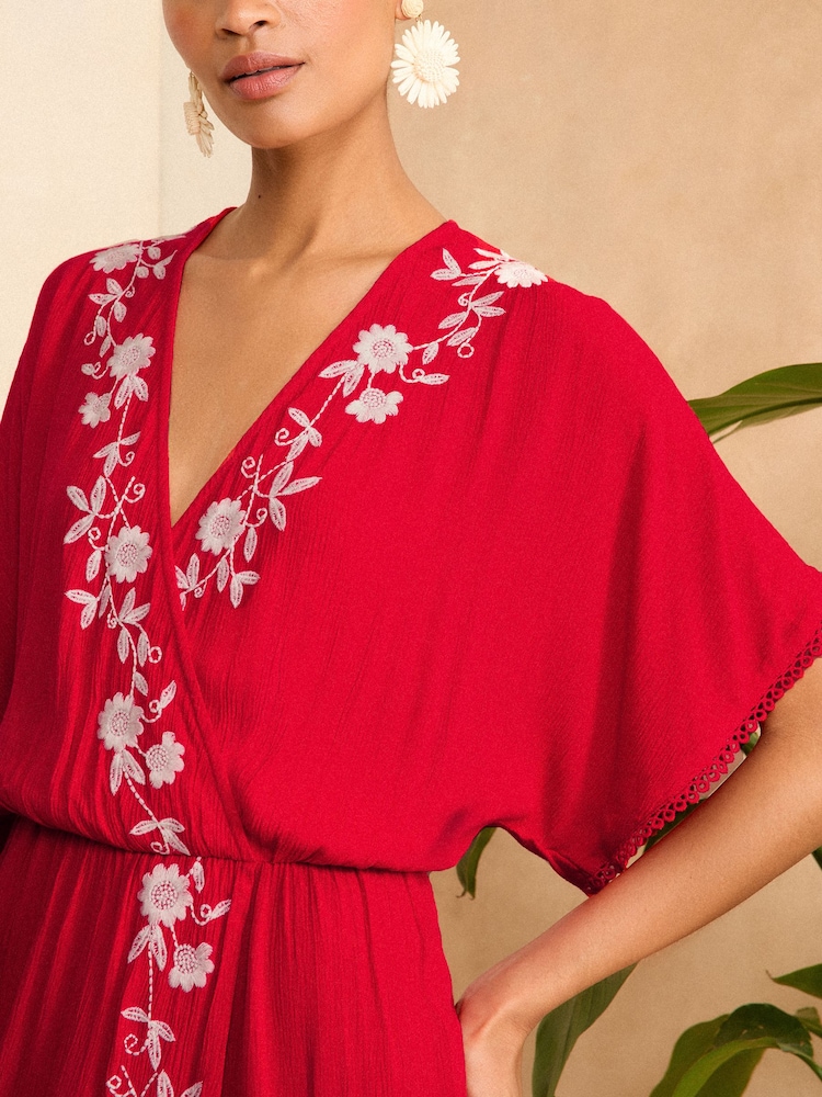 Love & Roses Red Embroidery Split Hem Longline Coverup Kaftan - Image 2 of 4