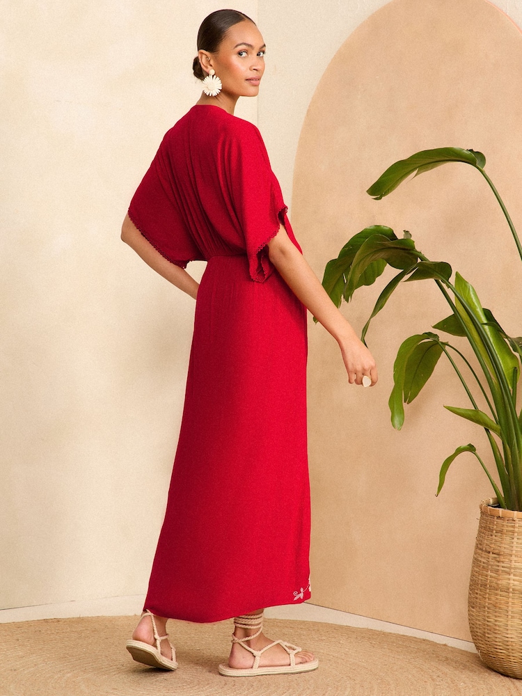 Love & Roses Red Embroidery Split Hem Longline Coverup Kaftan - Image 4 of 4