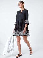 Roman Black Embroidered 100% Cotton Smock Dress - Image 1 of 5