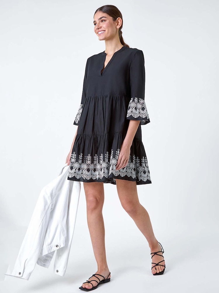 Roman Black Embroidered 100% Cotton Smock Dress - Image 1 of 5