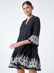 Roman Black Embroidered 100% Cotton Smock Dress - Image 2 of 5