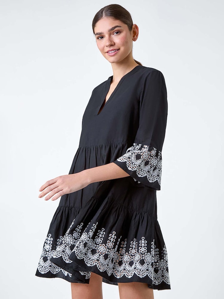 Roman Black Embroidered 100% Cotton Smock Dress - Image 2 of 5