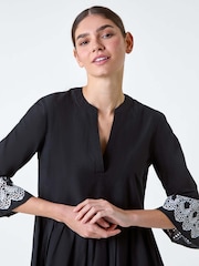 Roman Black Embroidered 100% Cotton Smock Dress - Image 4 of 5