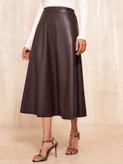 Friends Like These Brown Faux Leather Full Hem Midi Skirt - Image 1 of 4