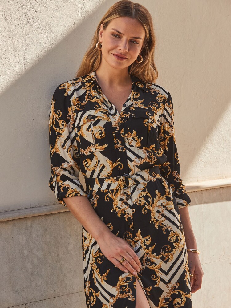 Sosandar Black/Gold Baroque Print Belted Shirt Dress - Image 2 of 5