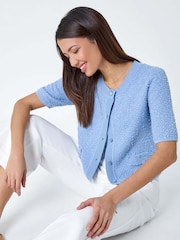 Roman Blue Fringe Detail Sparkle Button Cotton Cardigan - Image 1 of 5