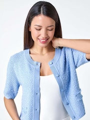 Roman Blue Fringe Detail Sparkle Button Cotton Cardigan - Image 2 of 5
