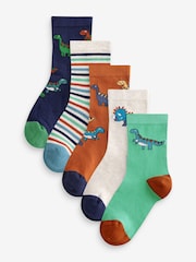 Brown/Green/Navy Blue Dinosaurs Print Rich Socks 5 Pack - Image 1 of 6