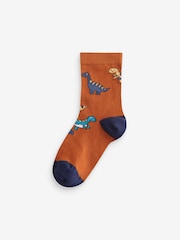 Brown/Green/Navy Blue Dinosaurs Print Rich Socks 5 Pack - Image 2 of 6