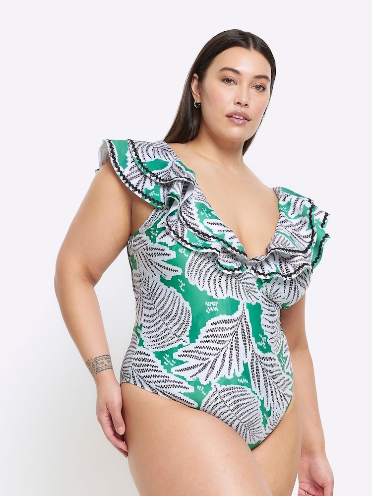 River Island Green Curve Frill Plunge Swimsuit - Image 1 of 4 River Island Green Curve Frill Plunge Swimsuit - Image 1 of 4