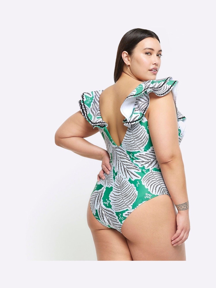 River Island Green Curve Frill Plunge Swimsuit - Image 2 of 4