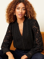 Love & Roses Black Lace Mix Button Through Long Sleeve Blouse - Image 1 of 4