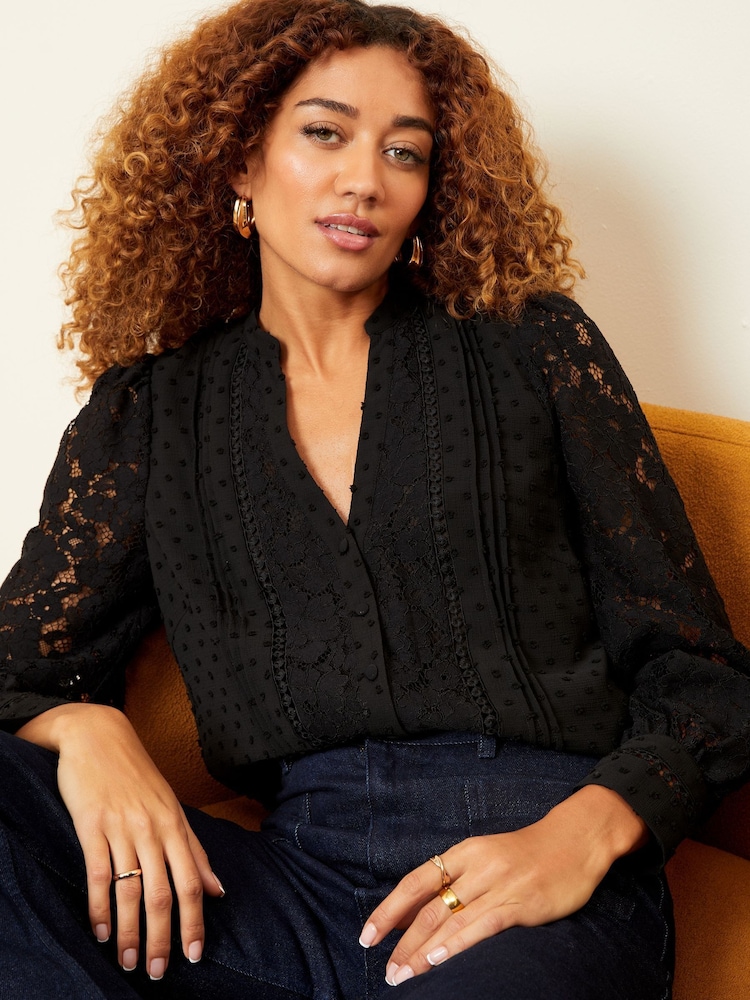 Love & Roses Black Lace Mix Button Through Long Sleeve Blouse - Image 2 of 4
