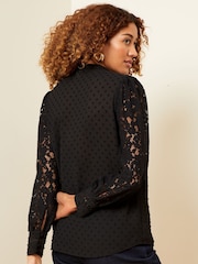 Love & Roses Black Lace Mix Button Through Long Sleeve Blouse - Image 3 of 4