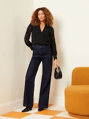 Love & Roses Black Lace Mix Button Through Long Sleeve Blouse - Image 4 of 4