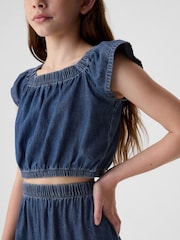 Gap Blue Cotton Flutter Denim Crop Top (4-13yrs) - Image 3 of 4