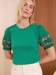 Green - Love & Roses Embroidered Shortss Puff Sleeve Jersey T-Shirt - Image 1 of 4