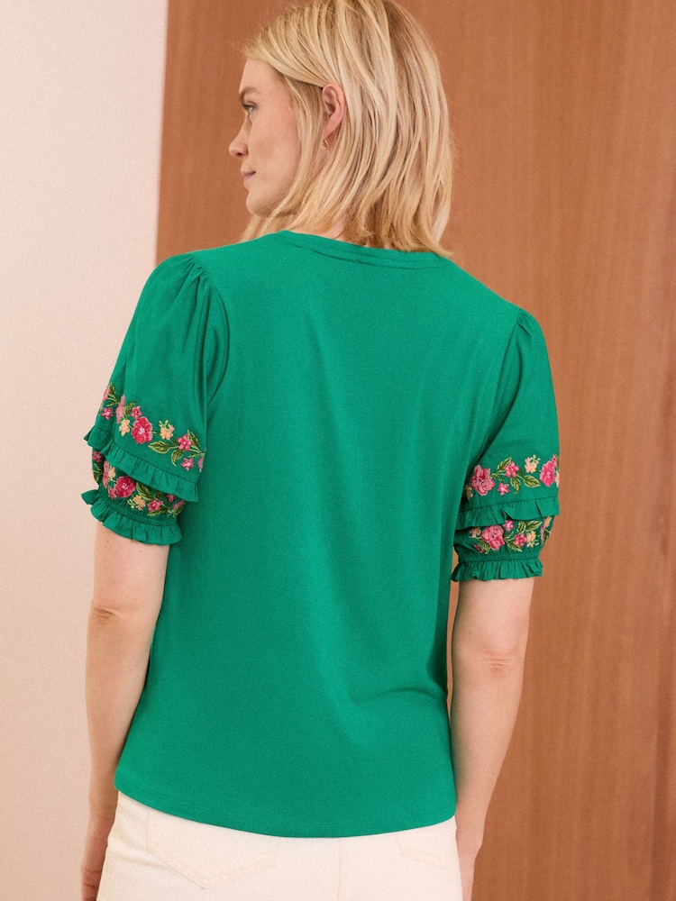 Green - Love & Roses Embroidered Shortss Puff Sleeve Jersey T-Shirt - Image 4 of 4