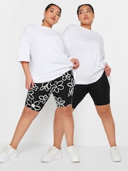 Yours Curve Black 2 PACK Floral Print Cycling Shorts - Image 1 of 8