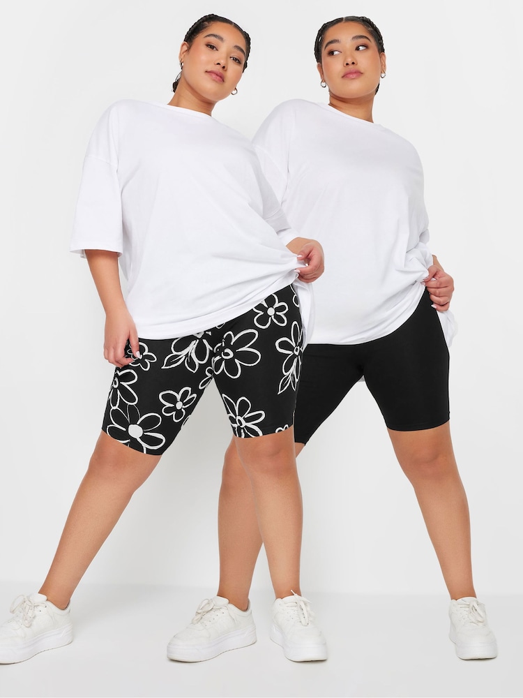 Yours Curve Black 2 PACK Floral Print Cycling Shorts - Image 1 of 8