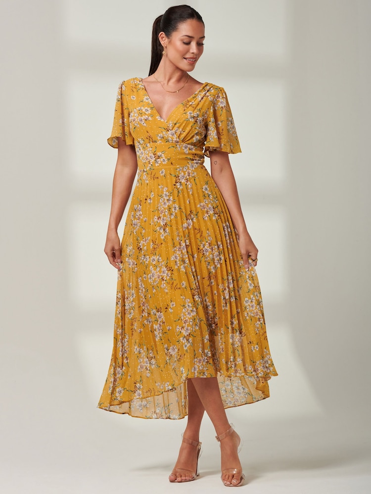 Jolie Moi Yellow Olenna Angel Sleeve Pleated Chiffon Maxi Dress - Image 1 of 6