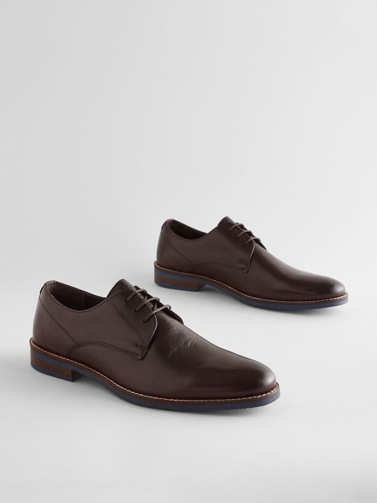 Brown Standard Fit Leather Derby Shoes with Navy Contrast Sole - Image 10 of 10
