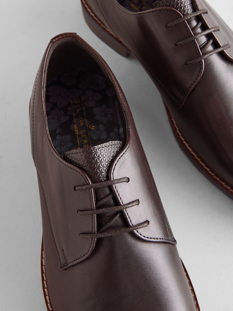 Brown Standard Fit Leather Derby Shoes with Navy Contrast Sole - Image 5 of 6