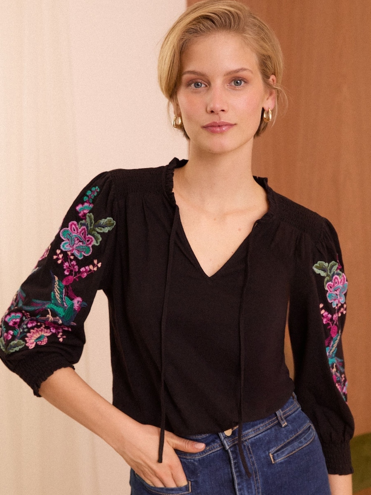 Love & Roses Black Bird Petite V Neck Embroidered Sleeve Jersey Top - Image 1 of 4