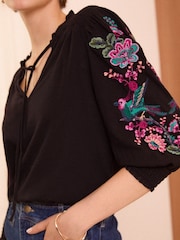 Love & Roses Black Bird Petite V Neck Embroidered Sleeve Jersey Top - Image 2 of 4