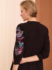 Love & Roses Black Bird Petite V Neck Embroidered Sleeve Jersey Top - Image 3 of 4