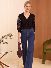 Love & Roses Black Bird Petite V Neck Embroidered Sleeve Jersey Top - Image 4 of 4