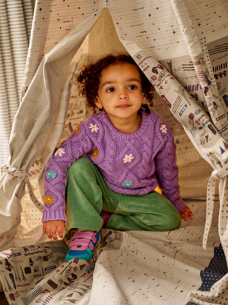 JoJo Maman Bébé Lilac Purple Floral Embroidered Cable Knit Jumper - Image 1 of 5