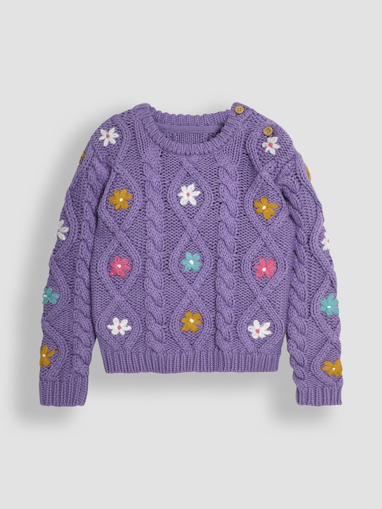 JoJo Maman Bébé Lilac Purple Floral Embroidered Cable Knit Jumper - Image 3 of 5