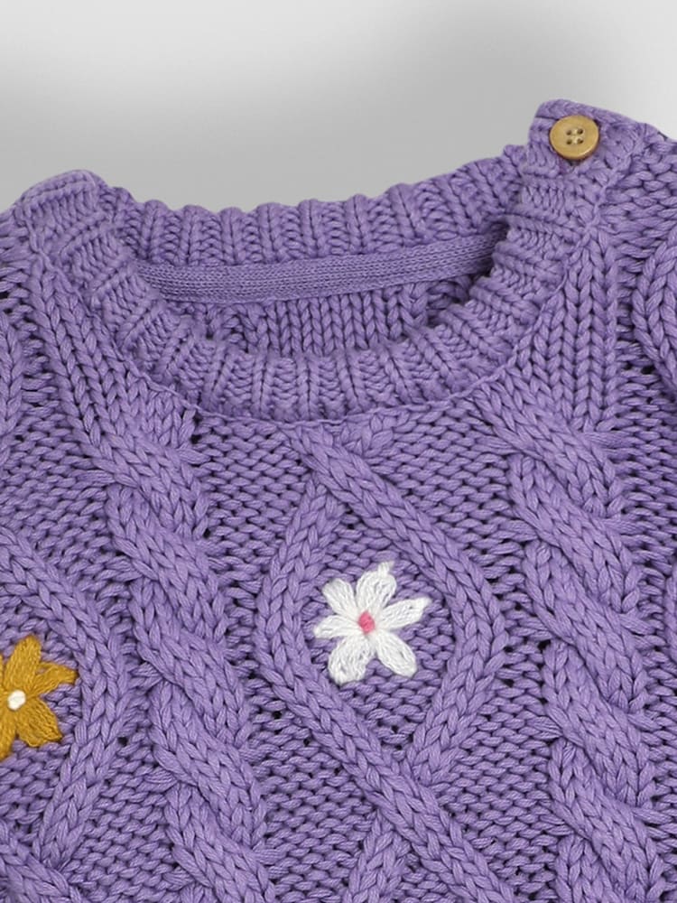 JoJo Maman Bébé Lilac Purple Floral Embroidered Cable Knit Jumper - Image 5 of 5