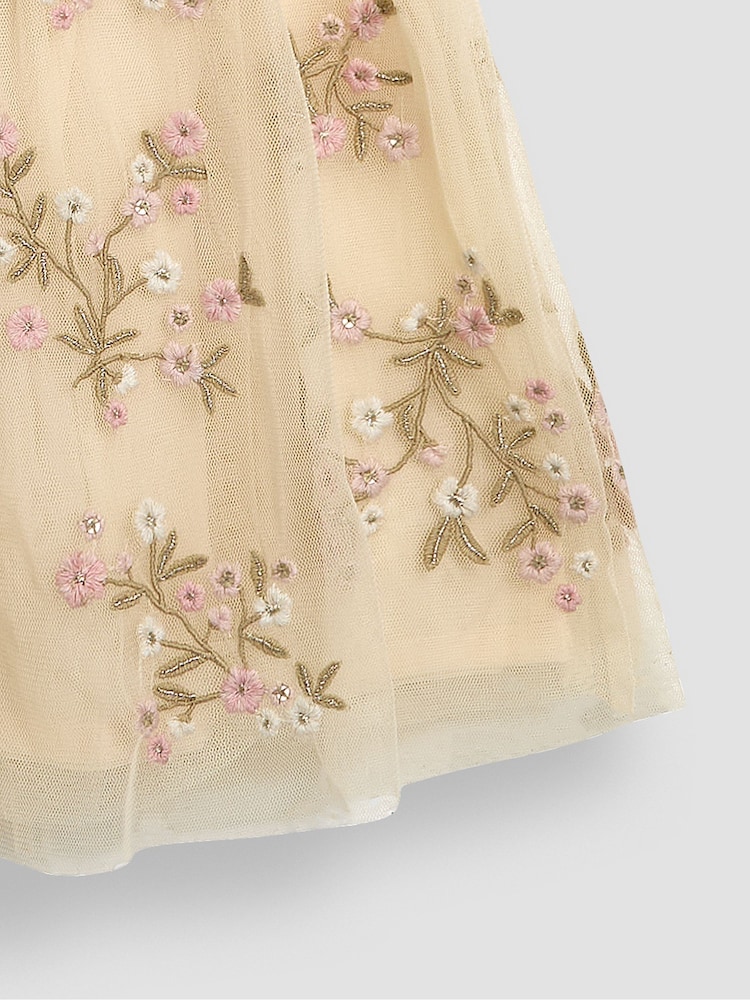 JoJo Maman Bébé Cream Floral Embroidered Tulle Party Dress - Image 4 of 4