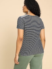 White Stuff Black Embroidered Stripe Abbie 100% Cotton T-Shirt - Image 2 of 7