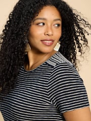 White Stuff Black Embroidered Stripe Abbie 100% Cotton T-Shirt - Image 4 of 7