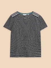 White Stuff Black Embroidered Stripe Abbie 100% Cotton T-Shirt - Image 5 of 7