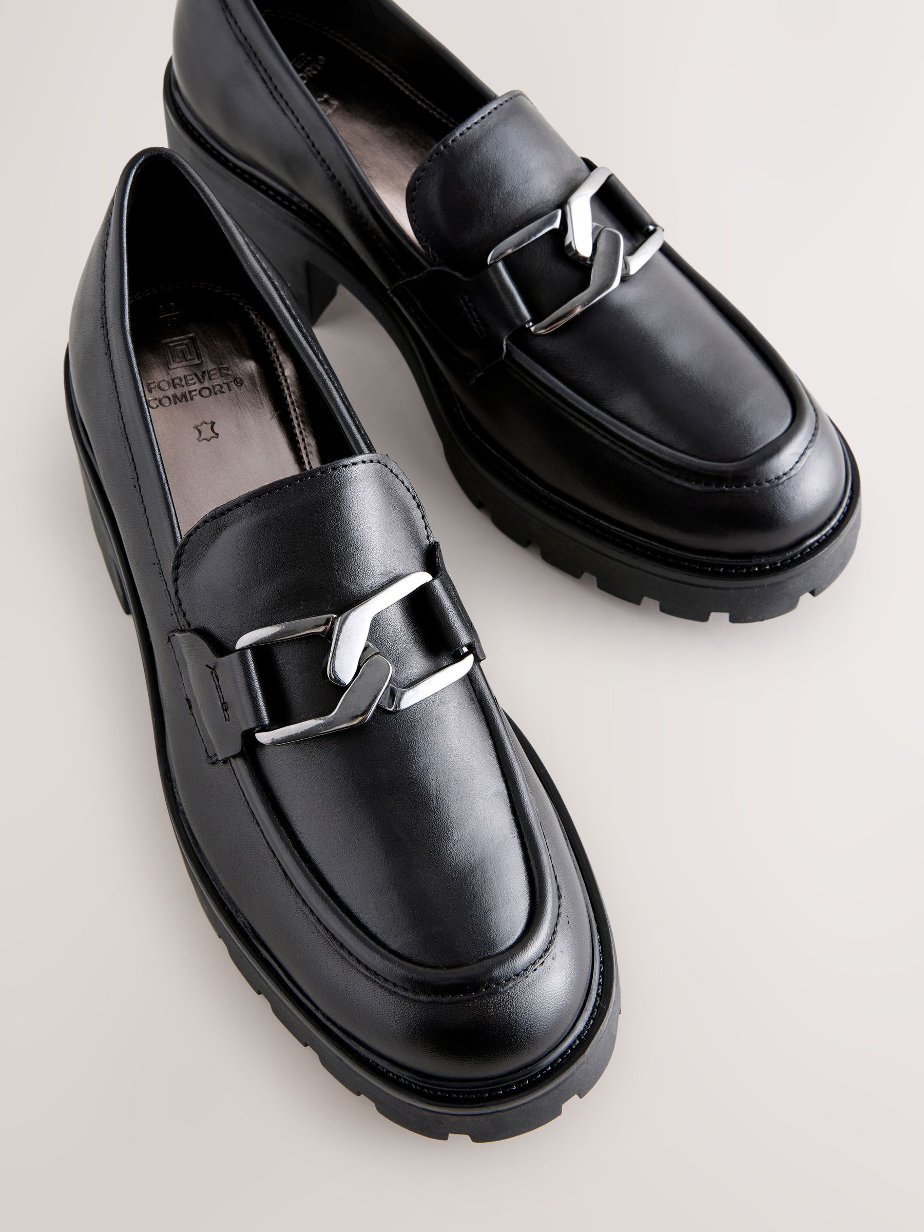 Buy Black Forever Comfort® Leather Chunky Hardware Heel Loafers