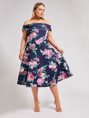 Yours Curve Navy Blue Floral Bardot Skater Dress - Image 1 of 4
